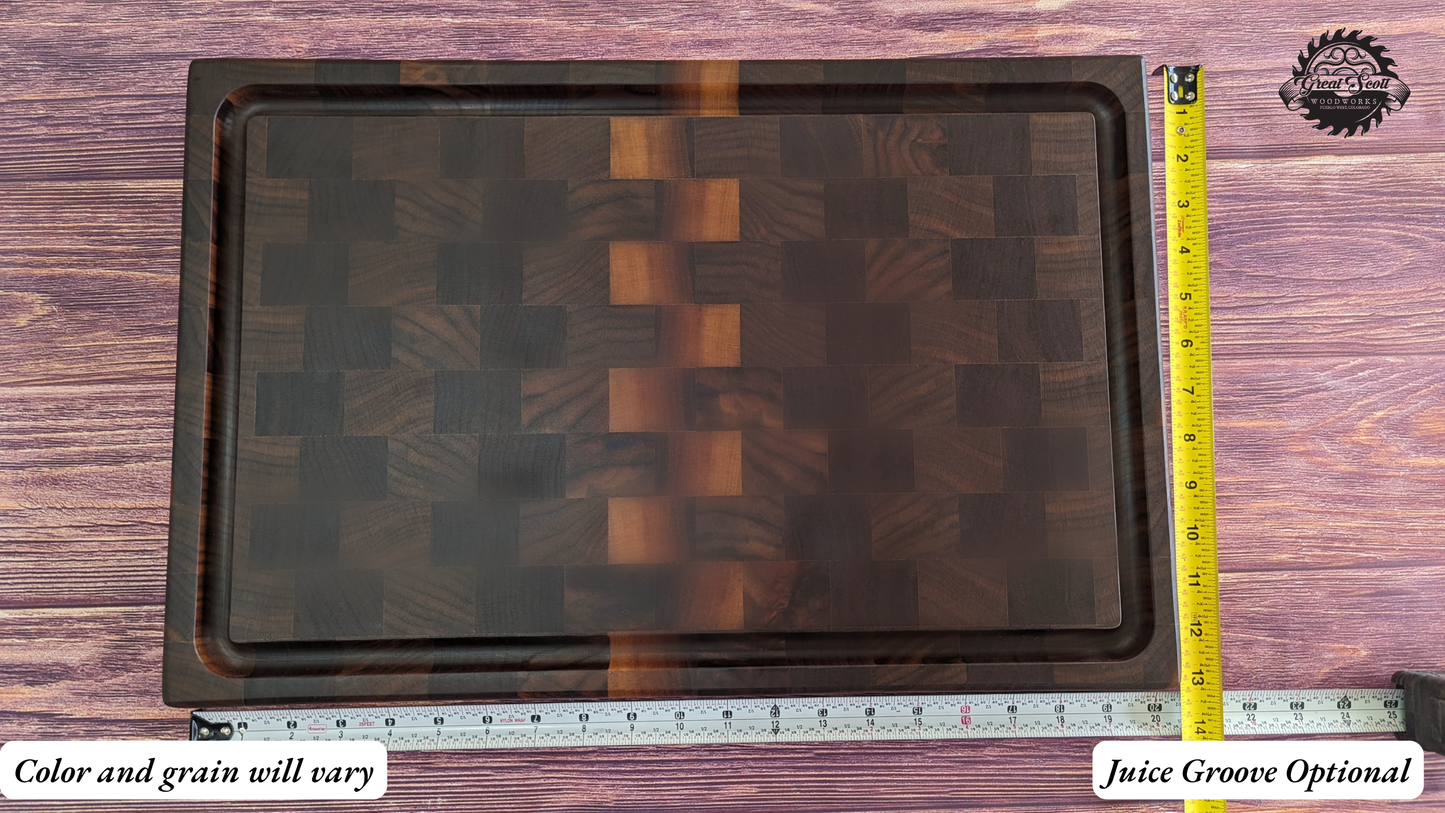 A handcrafted Walnut end‑grain cutting board with a juice groove, shown with a measuring tape and ruler indicating its size. The image includes text reading “Juice Groove Optional” and “Color and grain will vary,” along with the Great Scott Woodworks logo. This premium hardwood butcher‑block‑style board is ideal for chopping, meal prep, and chef‑quality kitchen use.