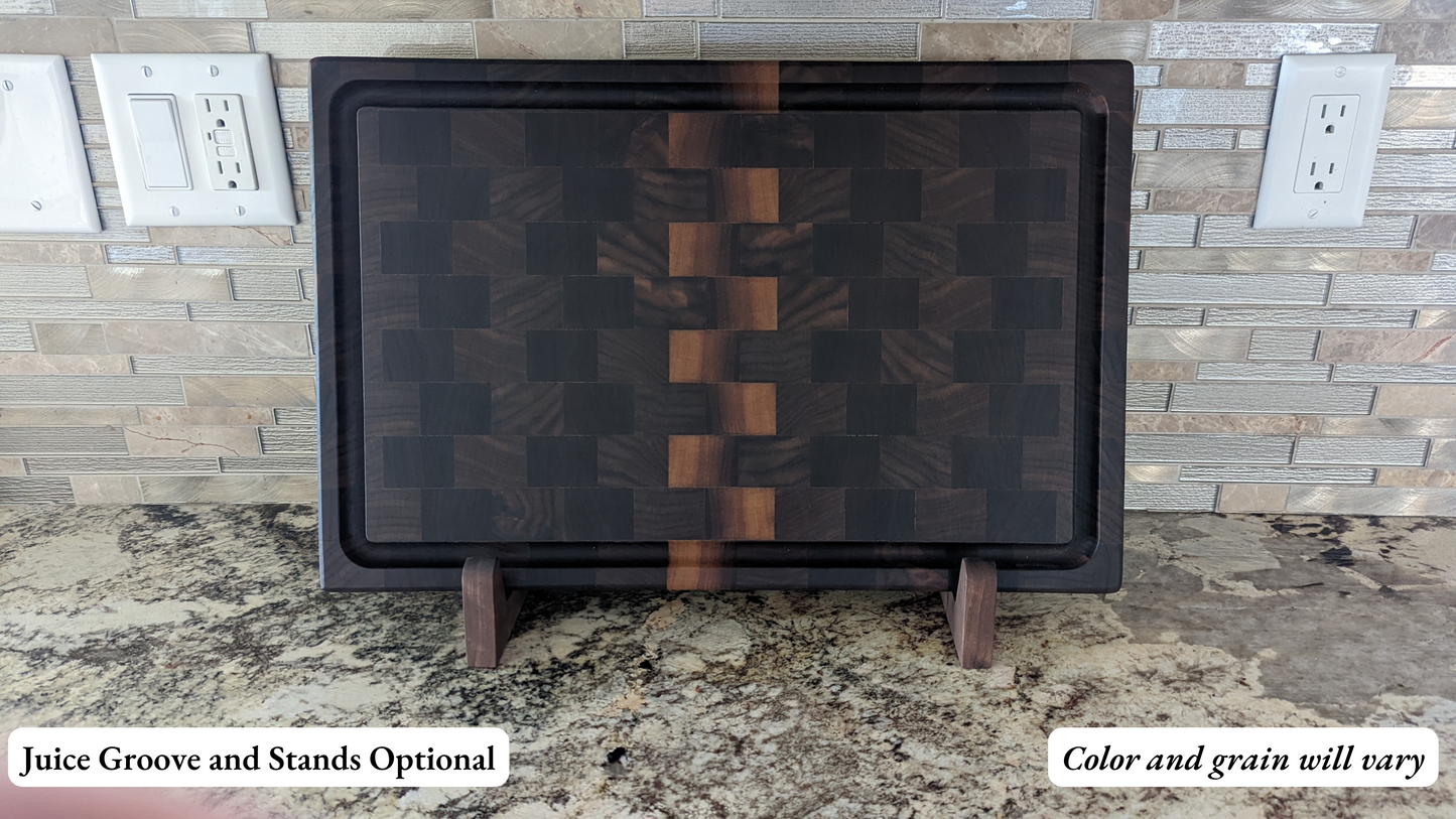 Dark wooden cutting board with a checkered pattern on a granite countertop with a matching optional stand.