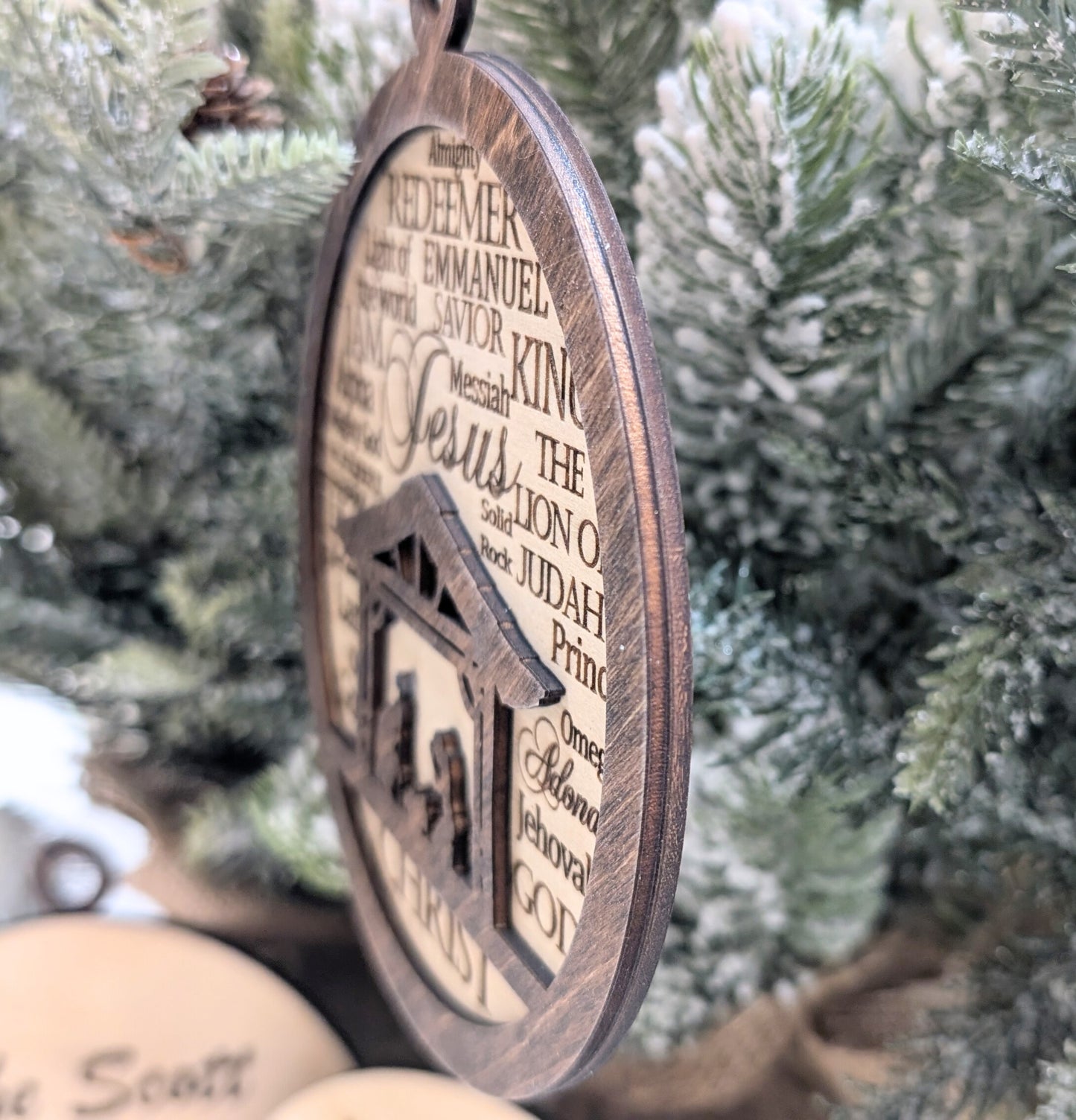 Nativity Scene Names of God Christmas Tree Ornament, Personalized Religious Décor, Custom Wood Ornament, Free Personalization, Free Shipping