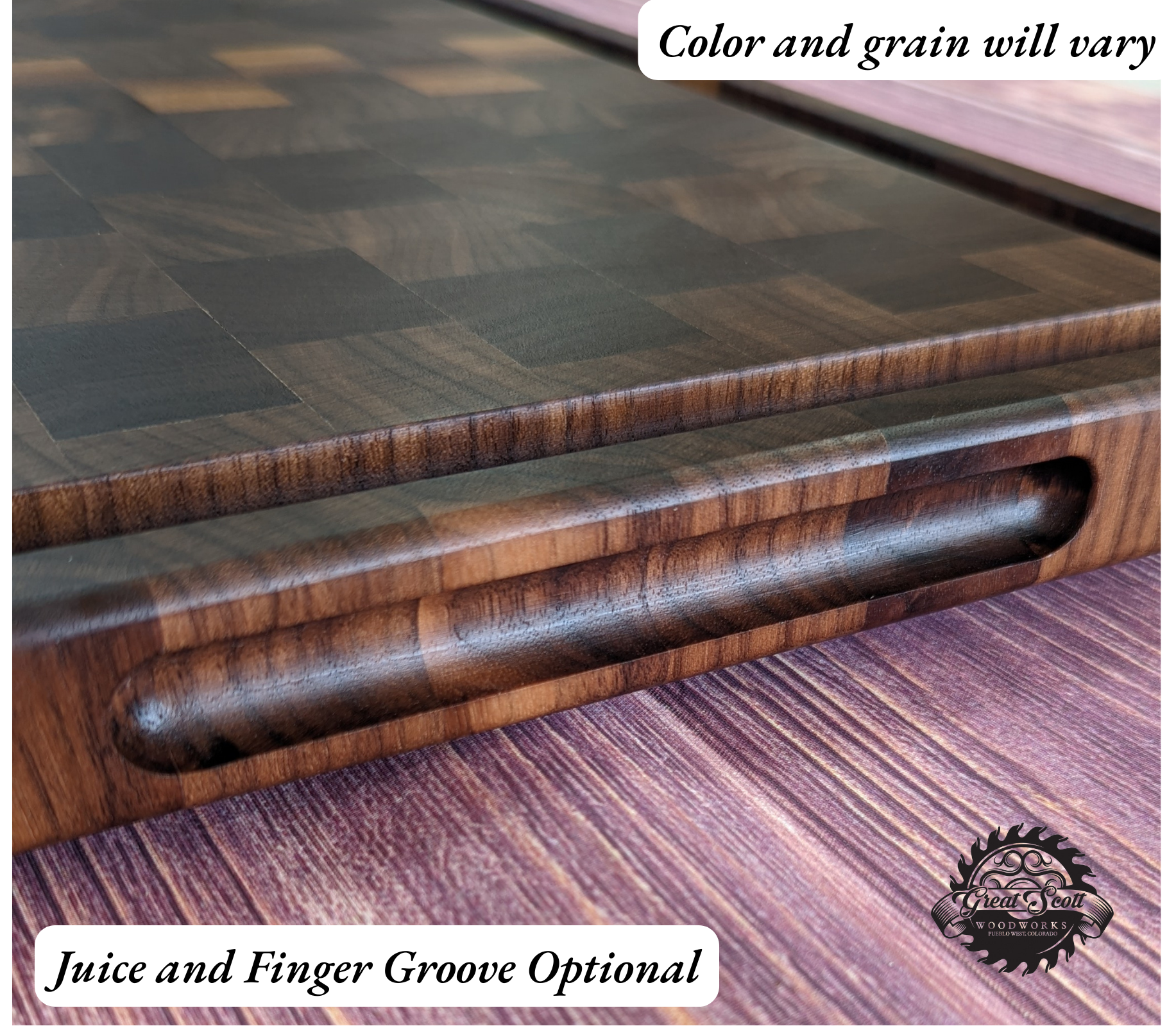 A handcrafted Walnut end‑grain cutting board with a smooth food‑safe finish and an optional juice and finger groove, shown in a close‑up that highlights the rich hardwood pattern. The image includes the Great Scott Woodworks logo and the text “Juice and Finger Groove Optional” and “Color and grain will vary.” This premium butcher‑block‑style board is designed for chefs and home cooks who want a durable, high‑quality cutting surface for meal prep and serving.