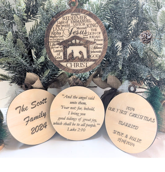 Nativity Scene Names of God Christmas Tree Ornament, Personalized Religious Décor, Custom Wood Ornament, Free Personalization, Free Shipping