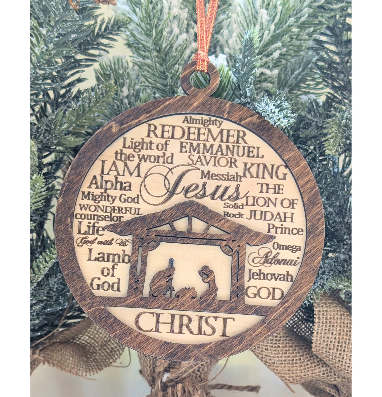 Nativity Scene Names of God Christmas Tree Ornament, Personalized Religious Décor, Custom Wood Ornament, Free Personalization, Free Shipping