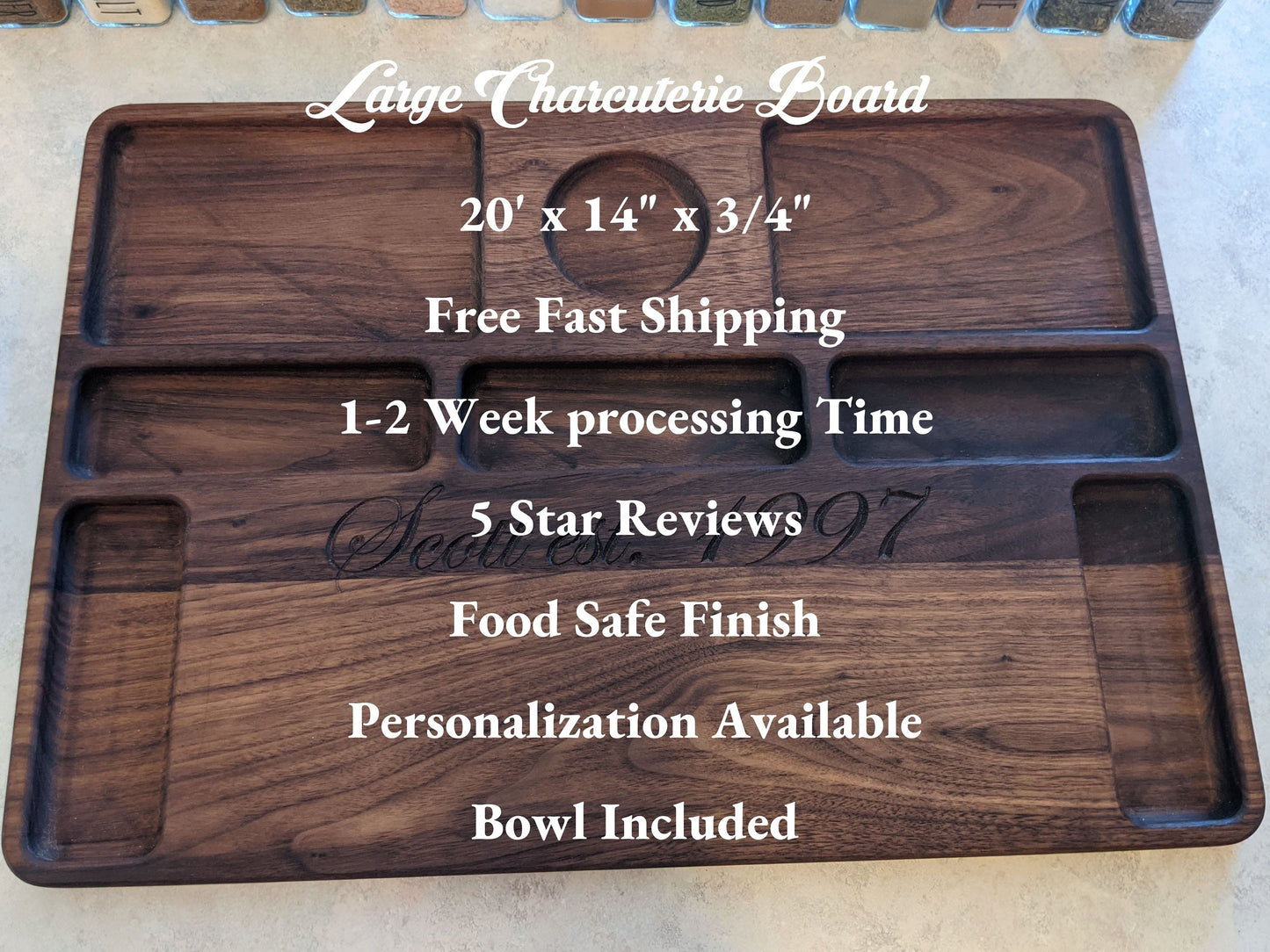 Walnut Charcuterie Board with bowl, serving tray, Housewarming, Wedding, Anniversary, Christmas Gift