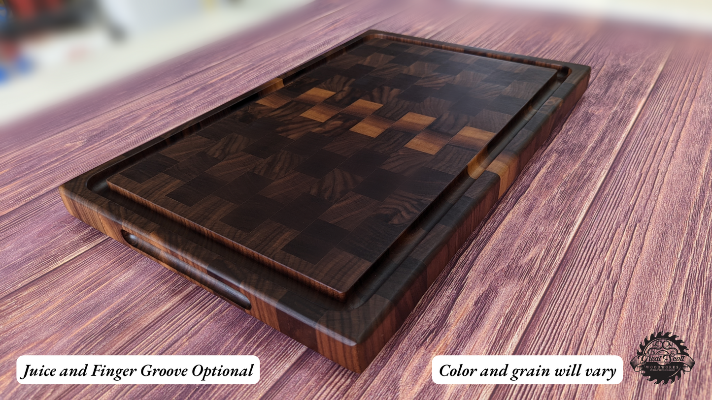 A handcrafted end‑grain cutting board with alternating hardwood blocks, a juice groove, and finger grooves, shown on a wooden surface with the Great Scott Woodworks logo. The image includes the text “Juice and Finger Groove Optional” and “Color and grain will vary.” This premium butcher‑block‑style board is designed for chefs and home cooks who want a durable, high‑quality cutting surface for chopping, meal prep, and serving.