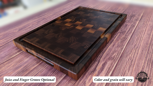 A handcrafted end‑grain cutting board with alternating hardwood blocks, a juice groove, and finger grooves, shown on a wooden surface with the Great Scott Woodworks logo. The image includes the text “Juice and Finger Groove Optional” and “Color and grain will vary.” This premium butcher‑block‑style board is designed for chefs and home cooks who want a durable, high‑quality cutting surface for chopping, meal prep, and serving.