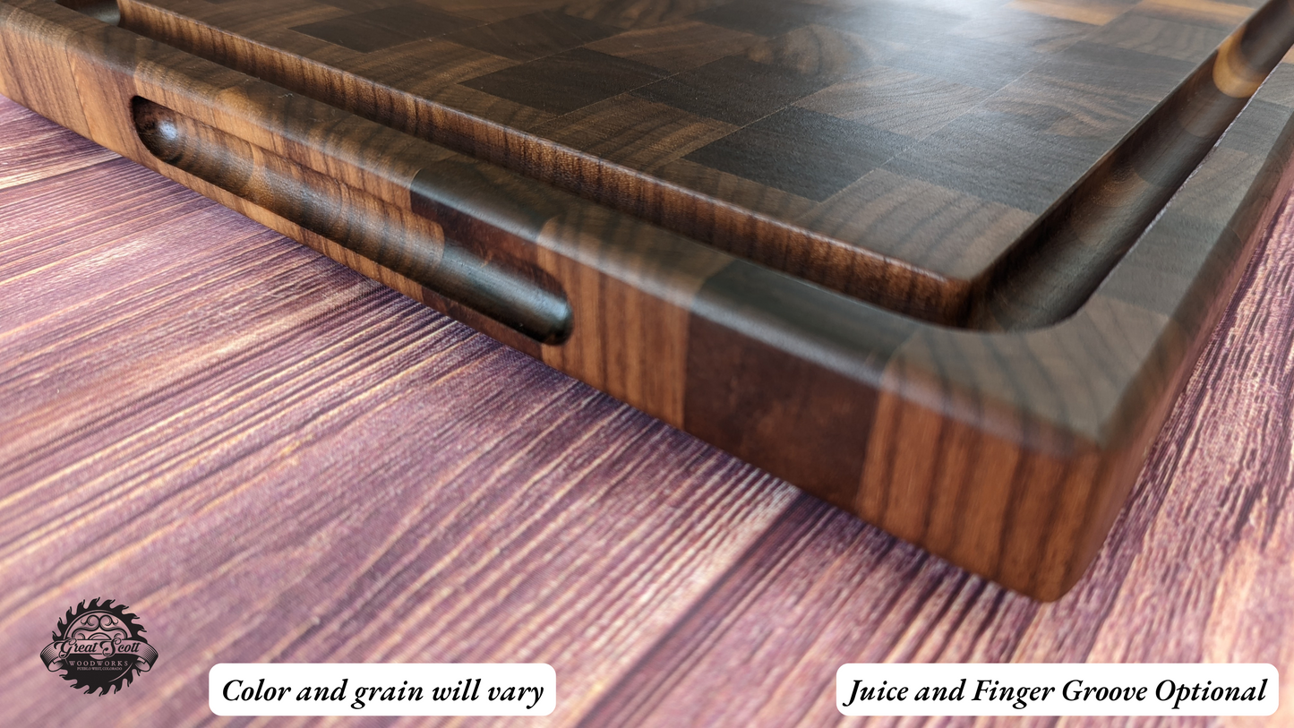 A handcrafted end‑grain cutting board with a smooth food‑safe finish, shown with a juice groove and finger groove for easy handling. The image includes the text “Juice and Finger Groove Optional” and “Color and grain will vary,” along with the Great Scott Woodworks logo. This premium butcher‑block‑style board features alternating hardwood blocks and is designed for chefs and home cooks who want a durable, high‑quality cutting surface for chopping, meal prep, and serving.