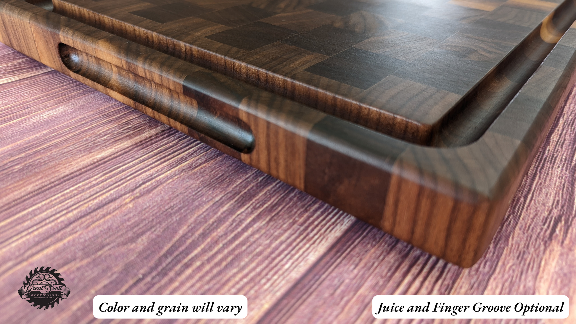 A handcrafted end‑grain cutting board with a smooth food‑safe finish, shown with a juice groove and finger groove for easy handling. The image includes the text “Juice and Finger Groove Optional” and “Color and grain will vary,” along with the Great Scott Woodworks logo. This premium butcher‑block‑style board features alternating hardwood blocks and is designed for chefs and home cooks who want a durable, high‑quality cutting surface for chopping, meal prep, and serving.