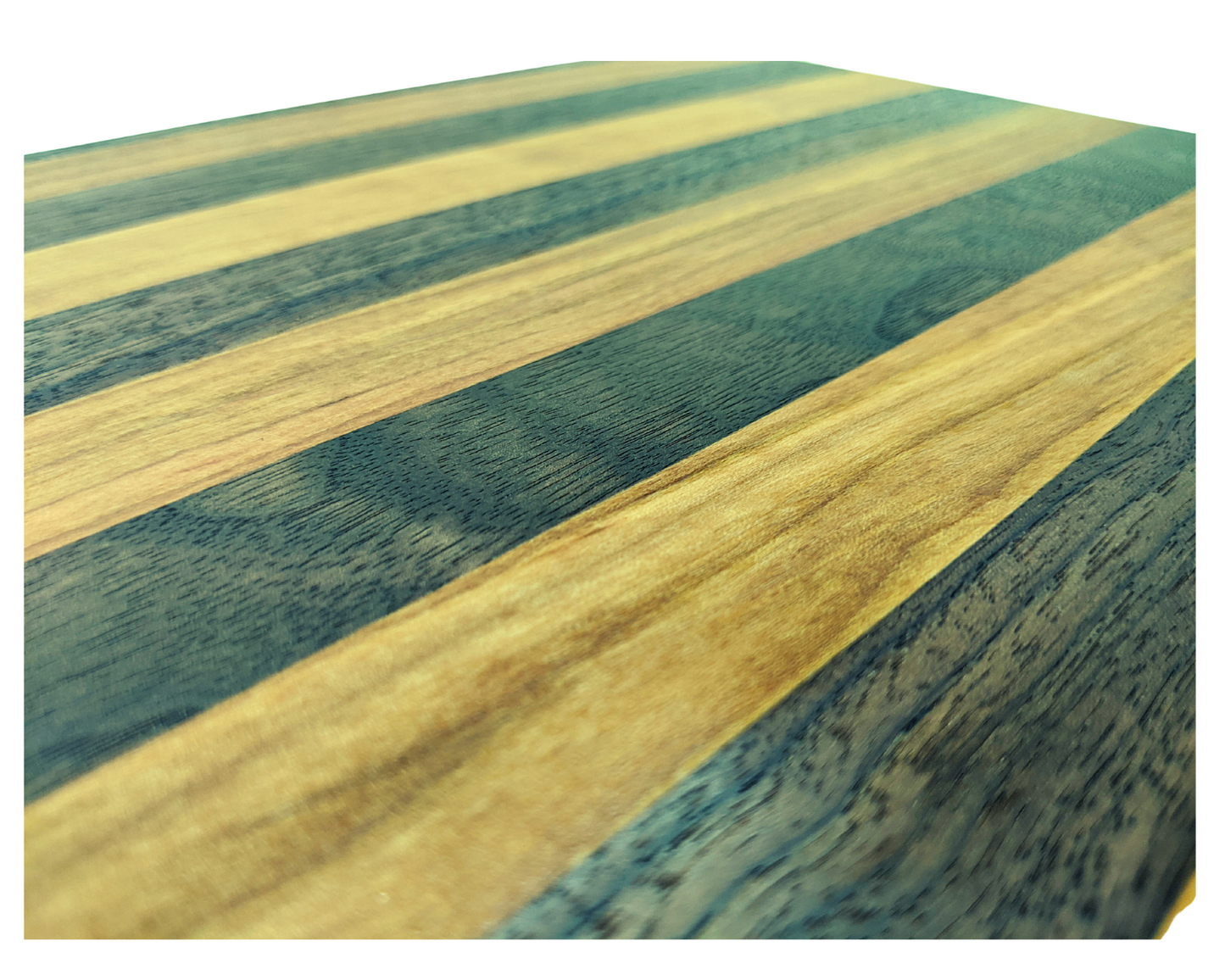 A close‑up of a handcrafted Walnut and Cherry cutting board showing its alternating hardwood stripes, smooth edge‑grain construction, and polished food‑safe finish. The warm Cherry tones contrast with the deep brown Walnut, highlighting the board’s premium craftsmanship and durable, handmade quality — ideal for shoppers searching for a Walnut and Cherry cutting board, artisan kitchen gift, or chef‑quality prep board.