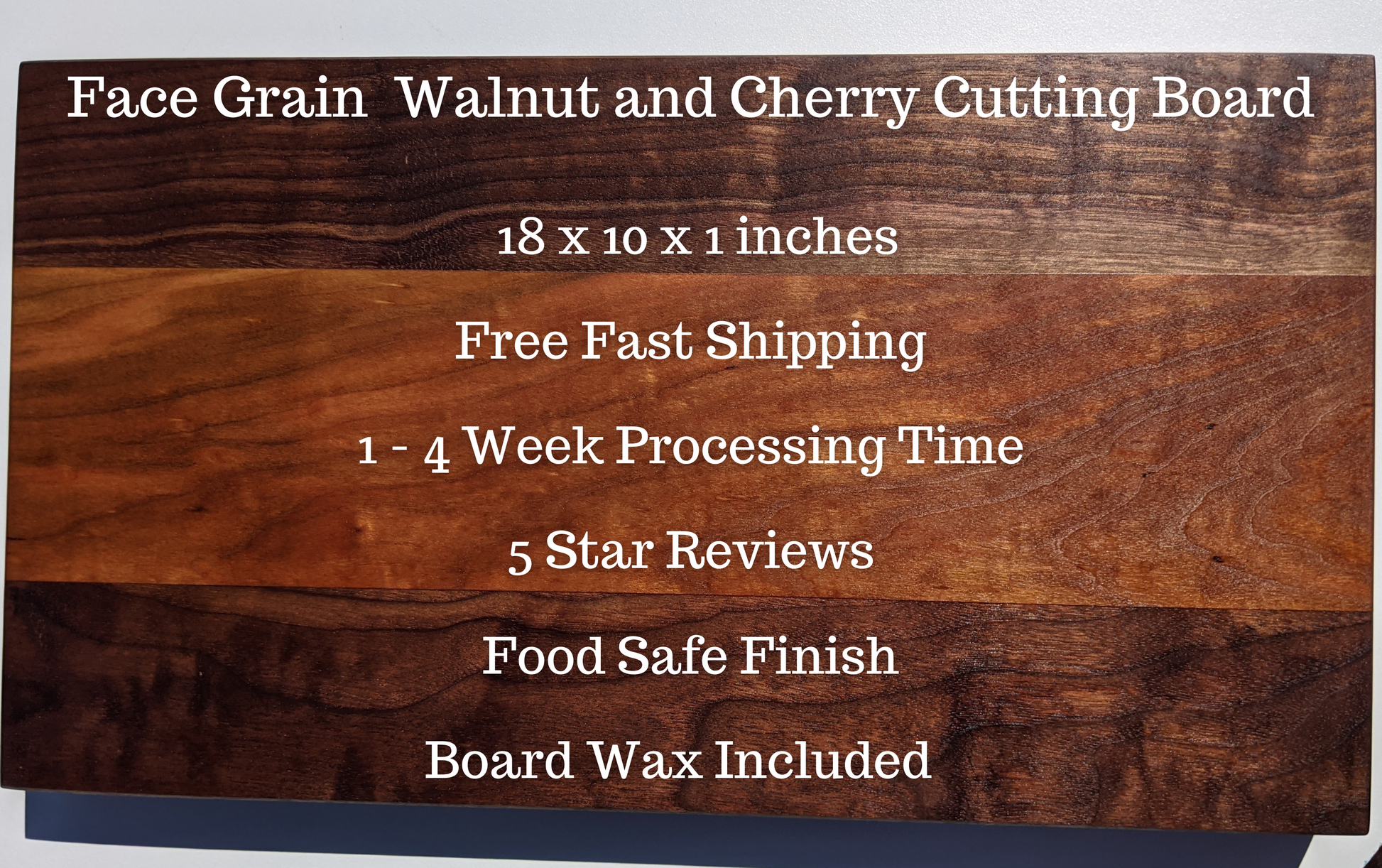 A Walnut and Cherry face‑grain cutting board with alternating dark Walnut and warm Cherry hardwood strips, shown with printed product details including size, food‑safe finish, free fast shipping, 1-4 week processing time, included board wax, and five‑star reviews. The smooth, polished surface highlights the craftsmanship of this handmade cutting board, ideal for shoppers searching for a premium Walnut and Cherry cutting board, charcuterie board, or handmade kitchen gift.