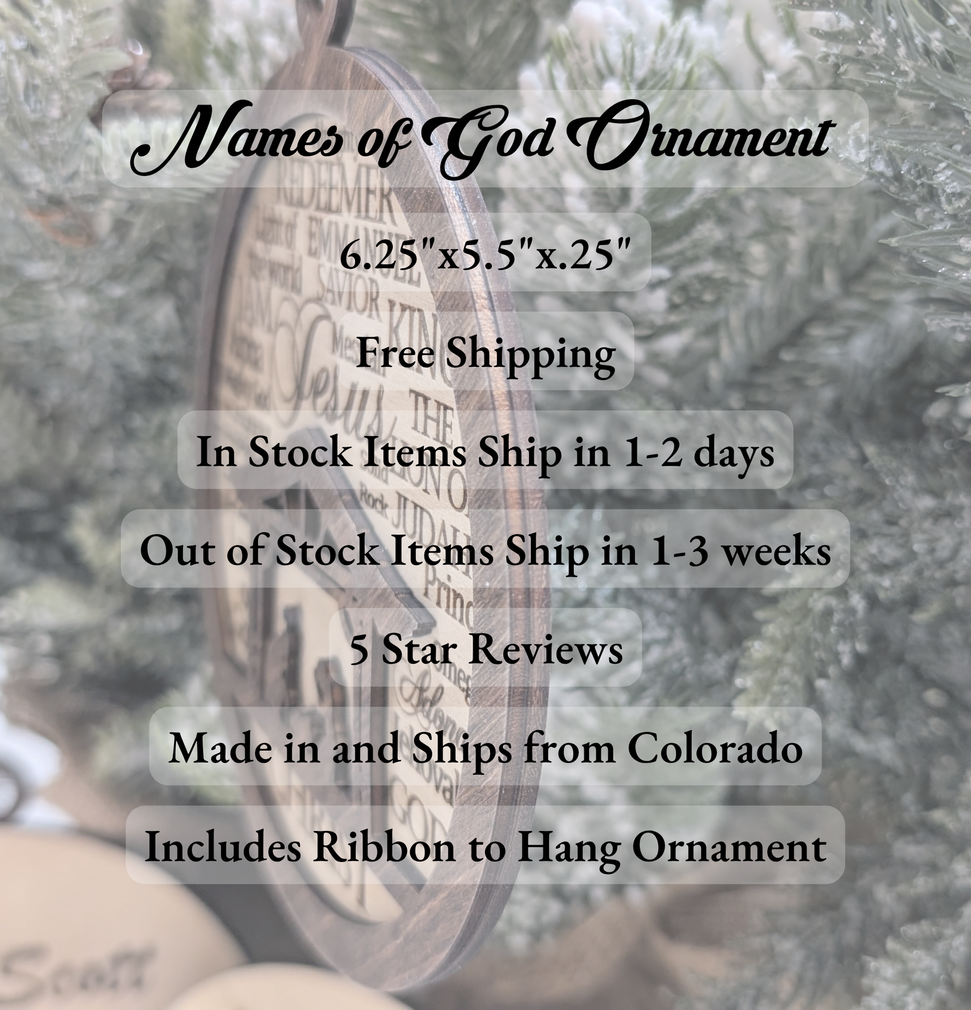 Names of God engraved wooden Christmas ornament hanging on a tree branch with product details, handcrafted by Great Scott Woodworks