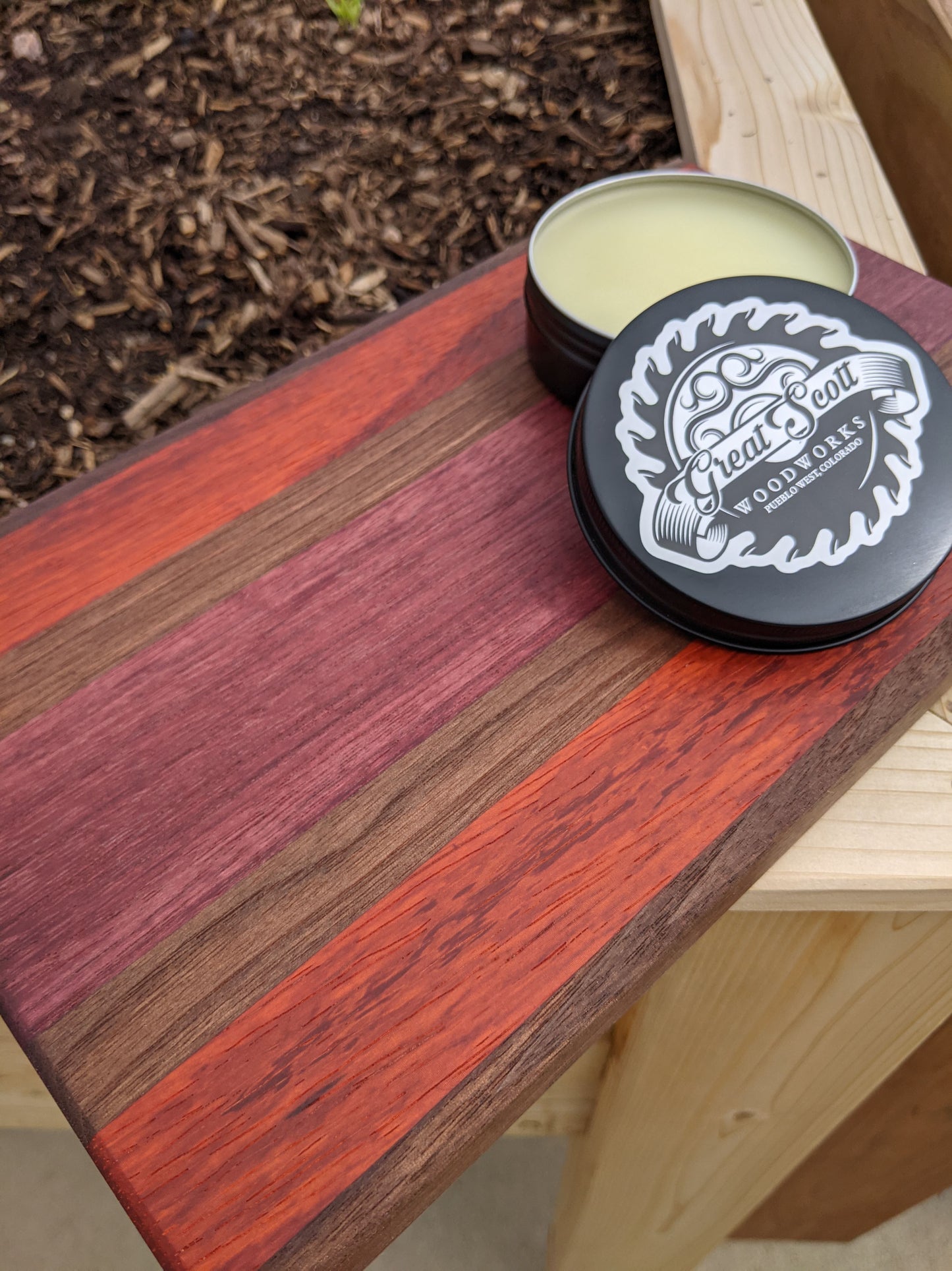 Handmade walnut purpleheart padauk bar board with included Great Scott Woodworks board wax tin, food-safe finish