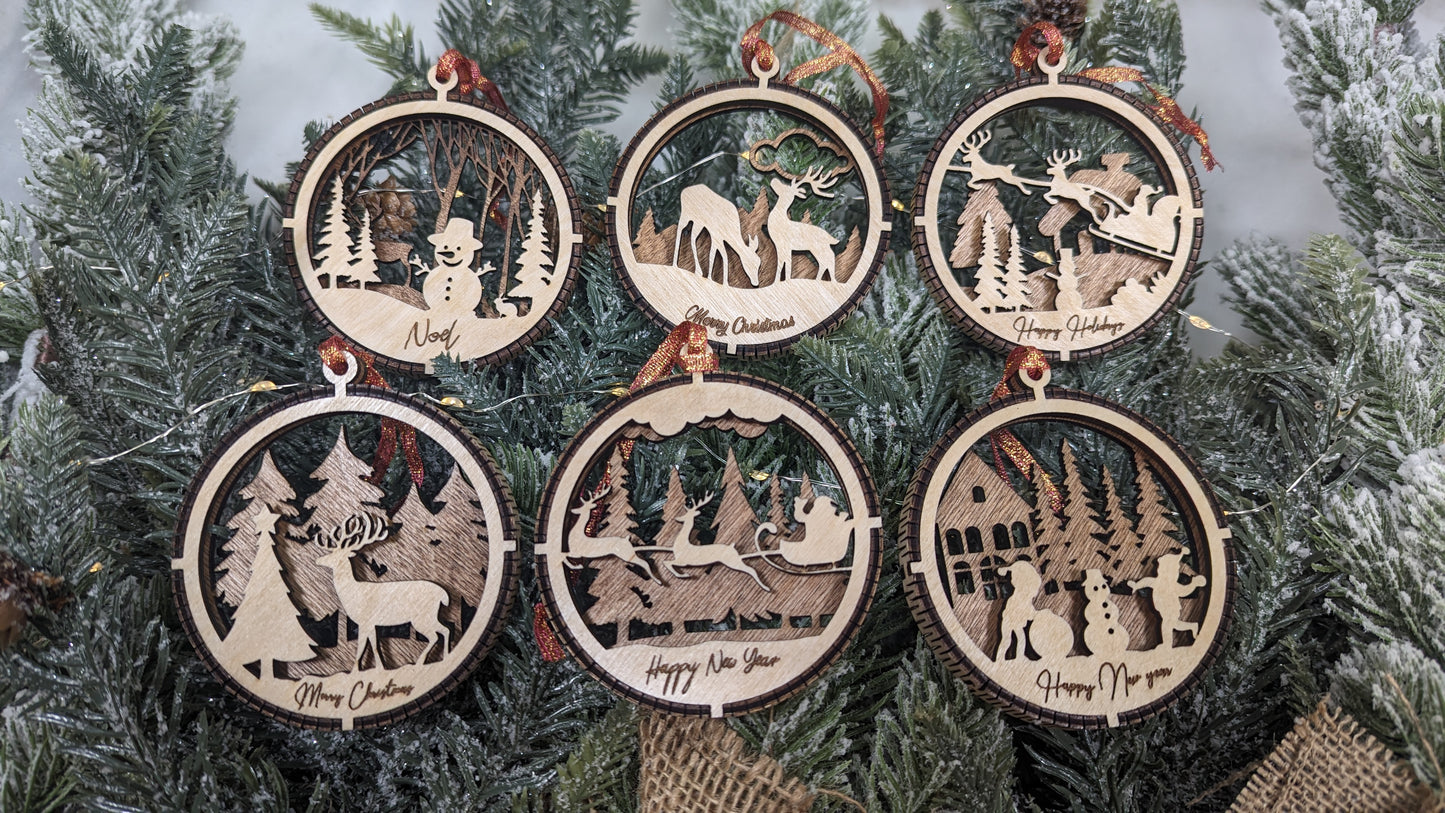 Handcrafted Laser-Cut Wooden Christmas Ornament sets