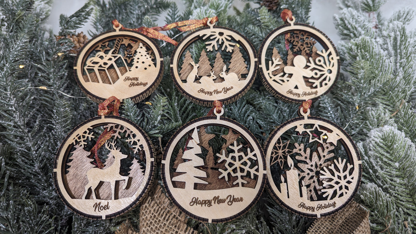 Handcrafted Laser-Cut Wooden Christmas Ornament sets