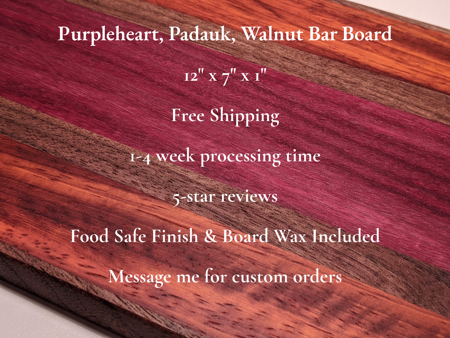 Handmade walnut purpleheart padauk bar board — 12x7x1 inch, free shipping, food-safe finish, board wax included, custom orders available