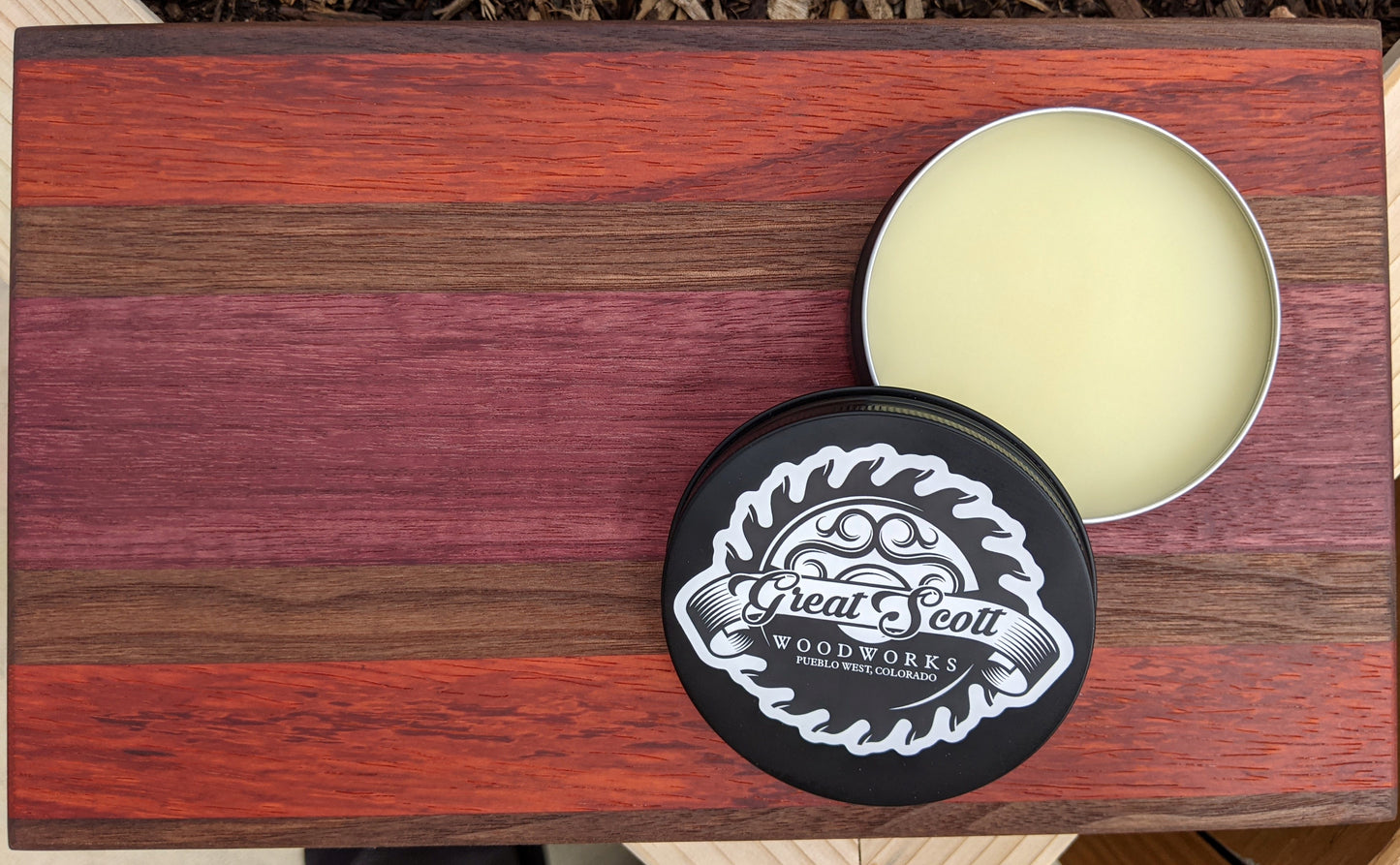 Handmade walnut purpleheart padauk bar board with included Great Scott Woodworks board wax tin, food-safe finish