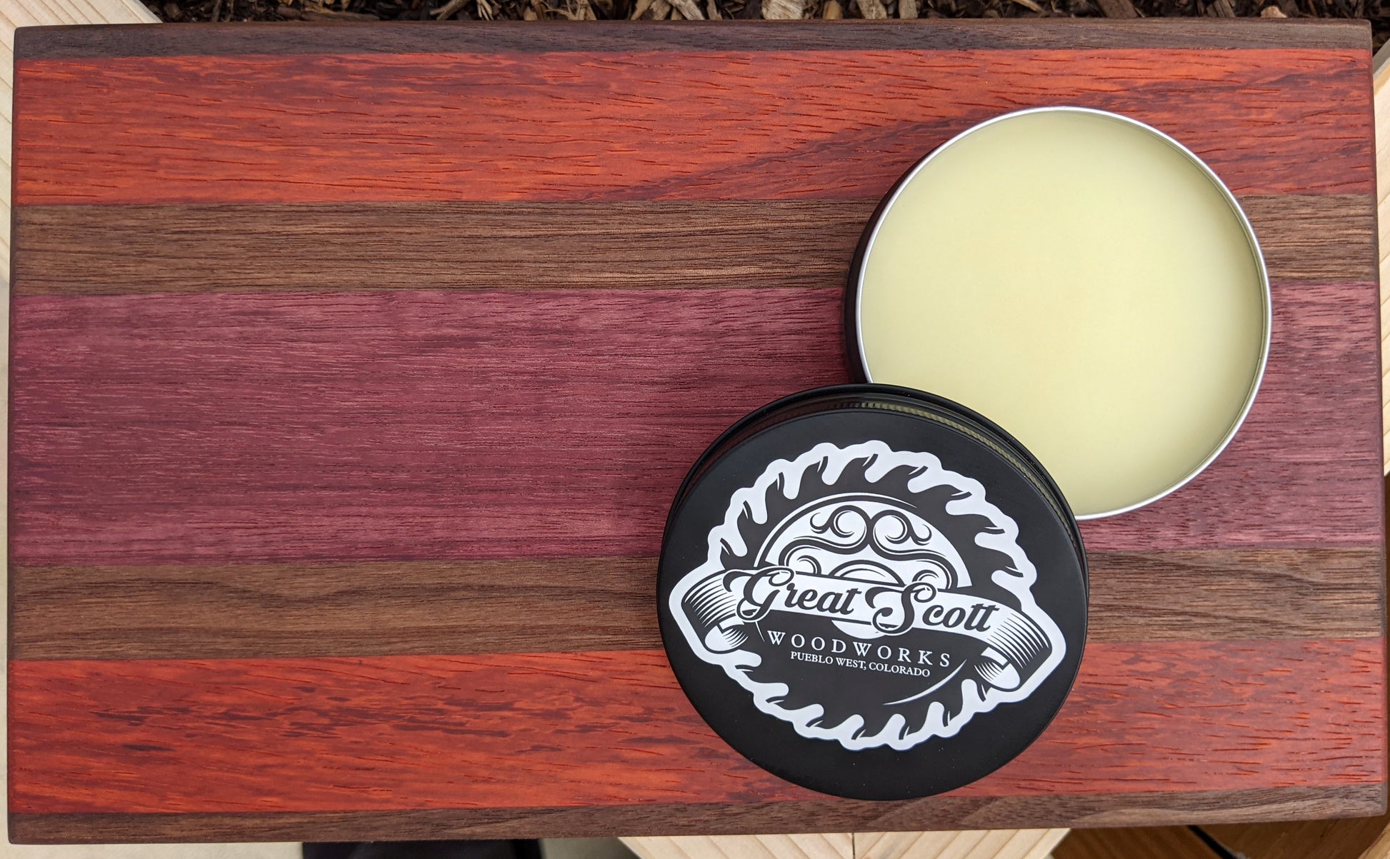 Handmade walnut purpleheart padauk bar board with included Great Scott Woodworks board wax tin, food-safe finish