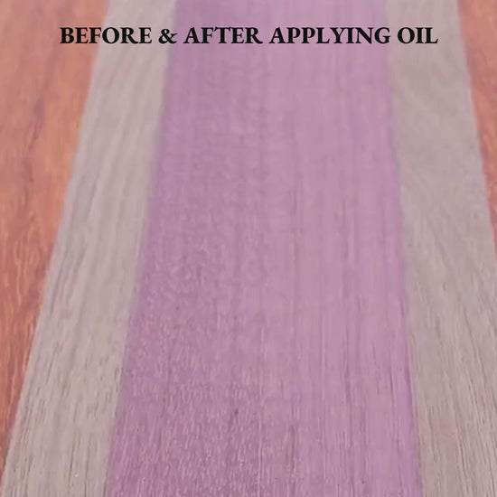 Before and after applying food-grade mineral oil to handmade walnut purpleheart padauk bar board by Great Scott Woodworks