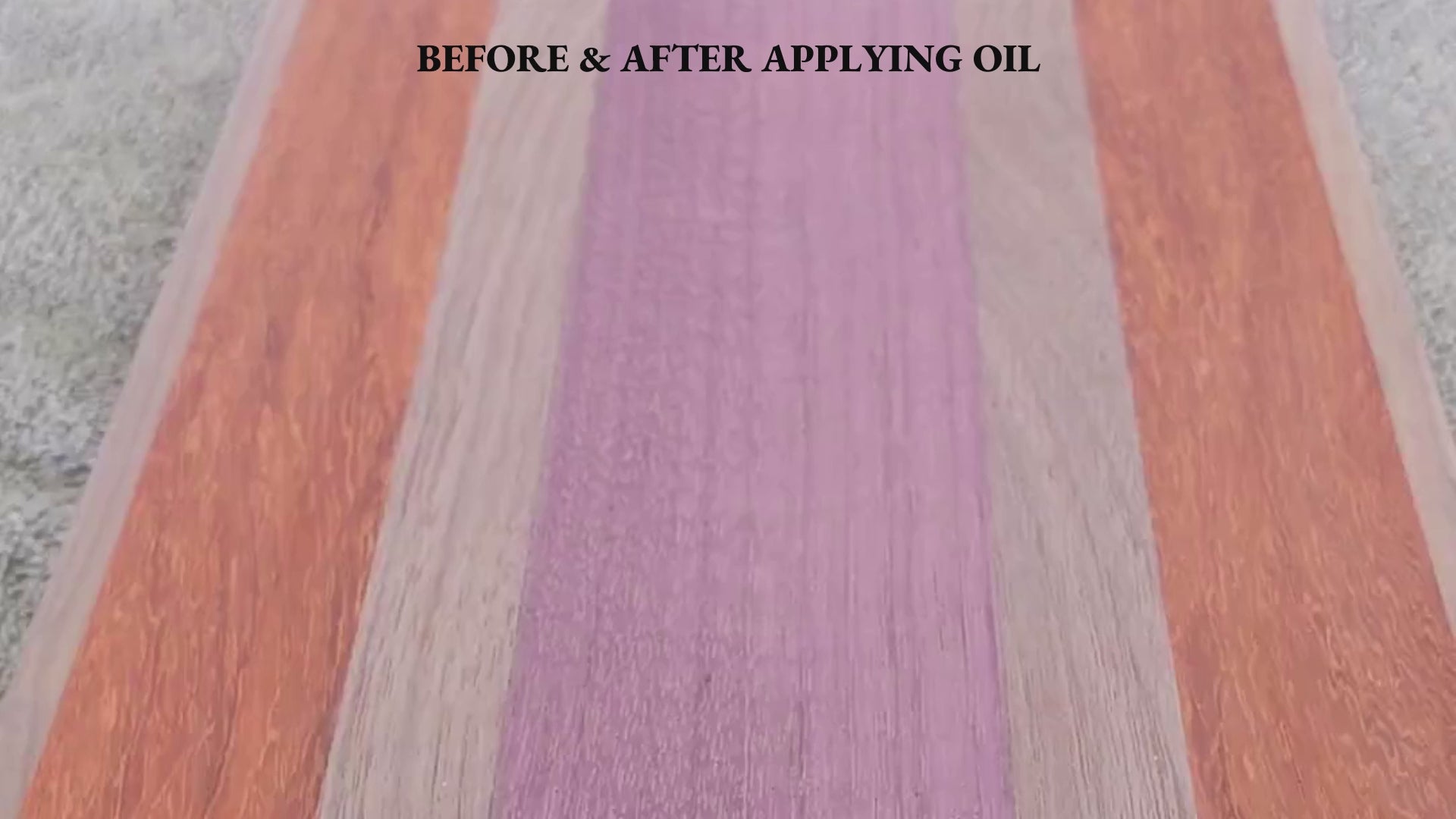 Before and after applying food-grade mineral oil to handmade walnut purpleheart padauk bar board by Great Scott Woodworks