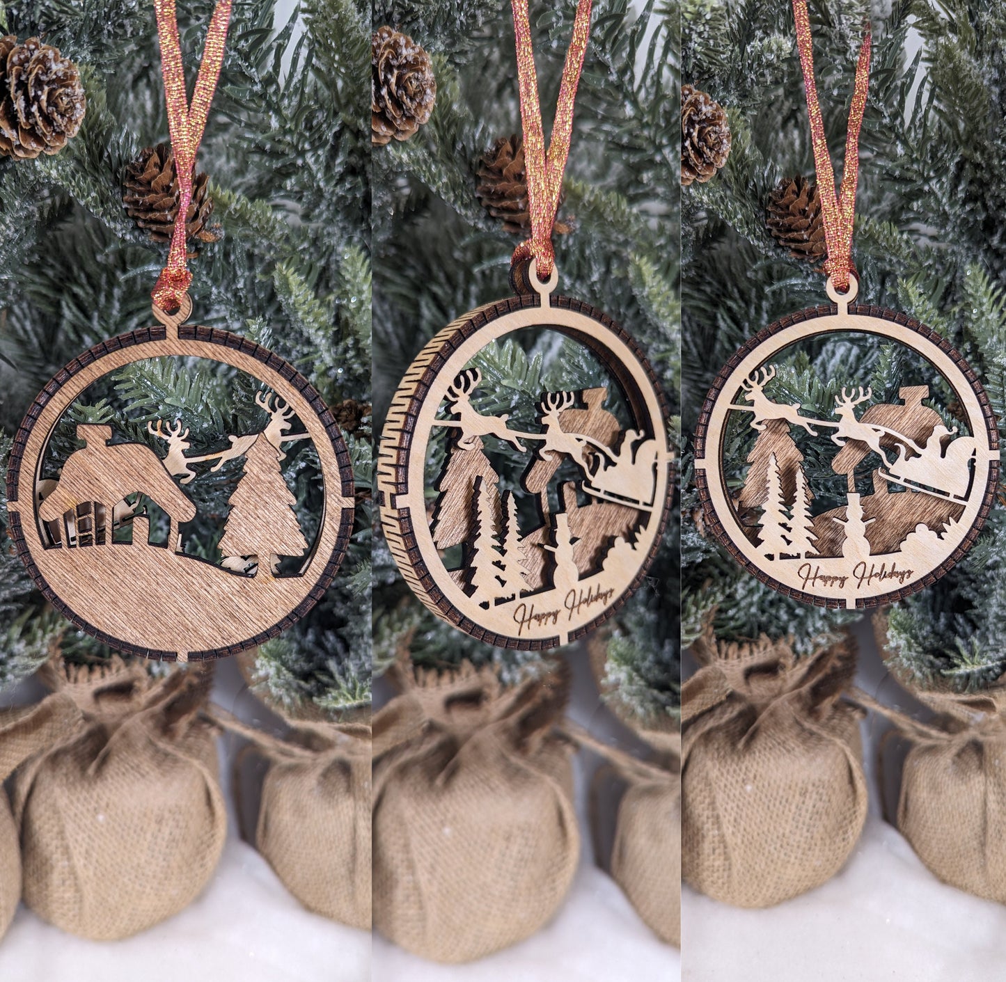 Handcrafted Laser-Cut Wooden Christmas Ornament sets